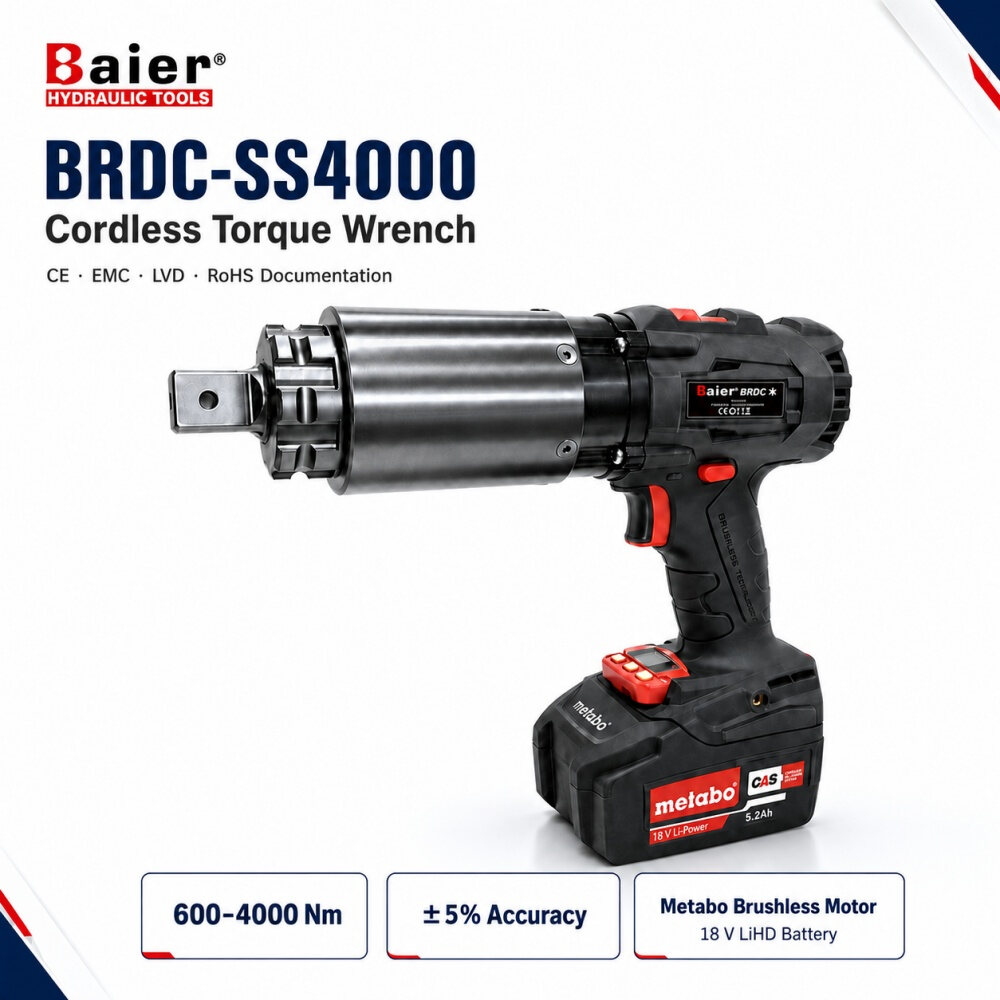 Аккумуляторный динамометрический ключ Baier BRDC-SS4000, 600–4000 Нм, для отдельных задач по техническому обслуживанию ветряных турбин.